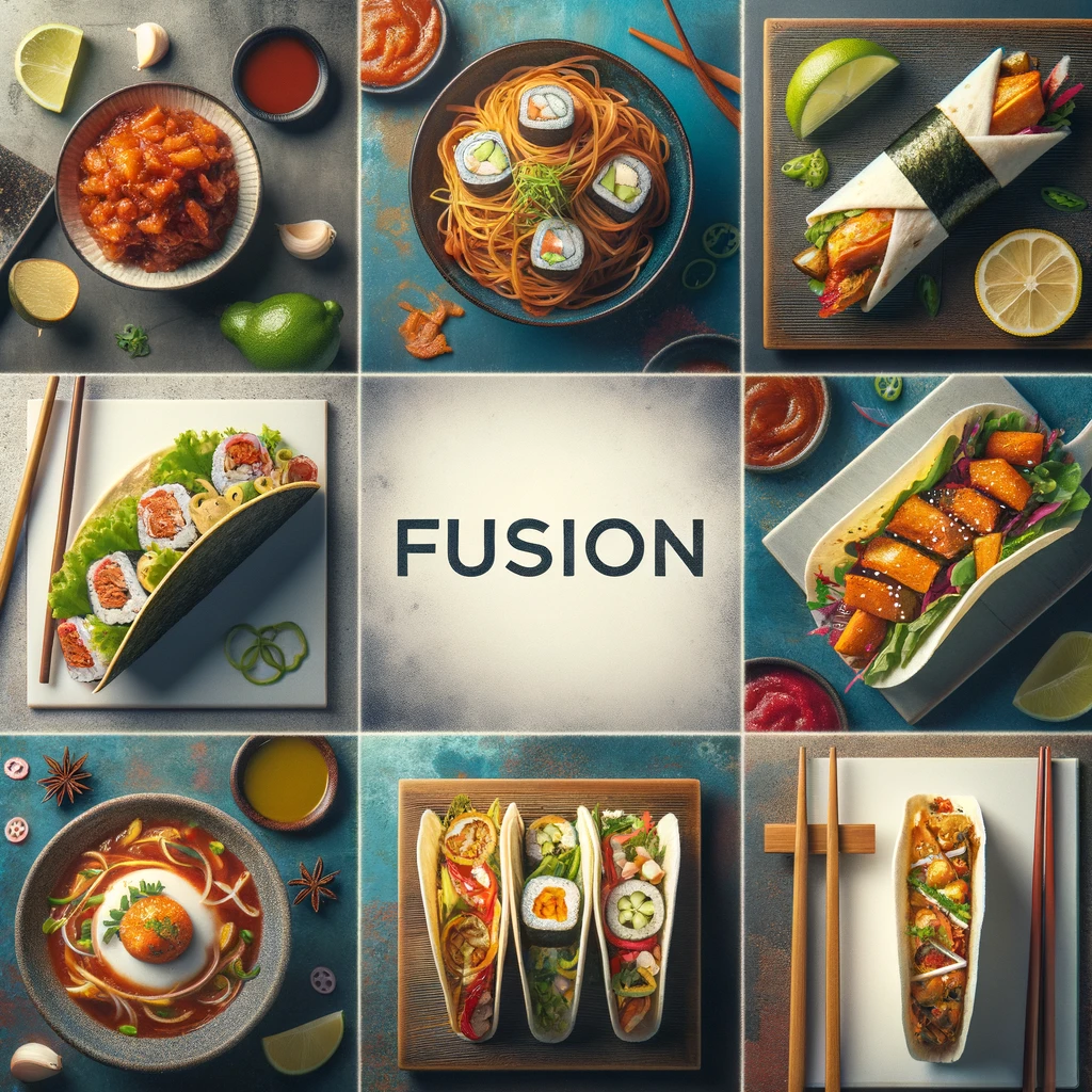 A photo collage showcasing a variety of fusion dishes, including sushi burritos and kimchi tacos, with a backdrop hinting at the blending of different cultural motifs.