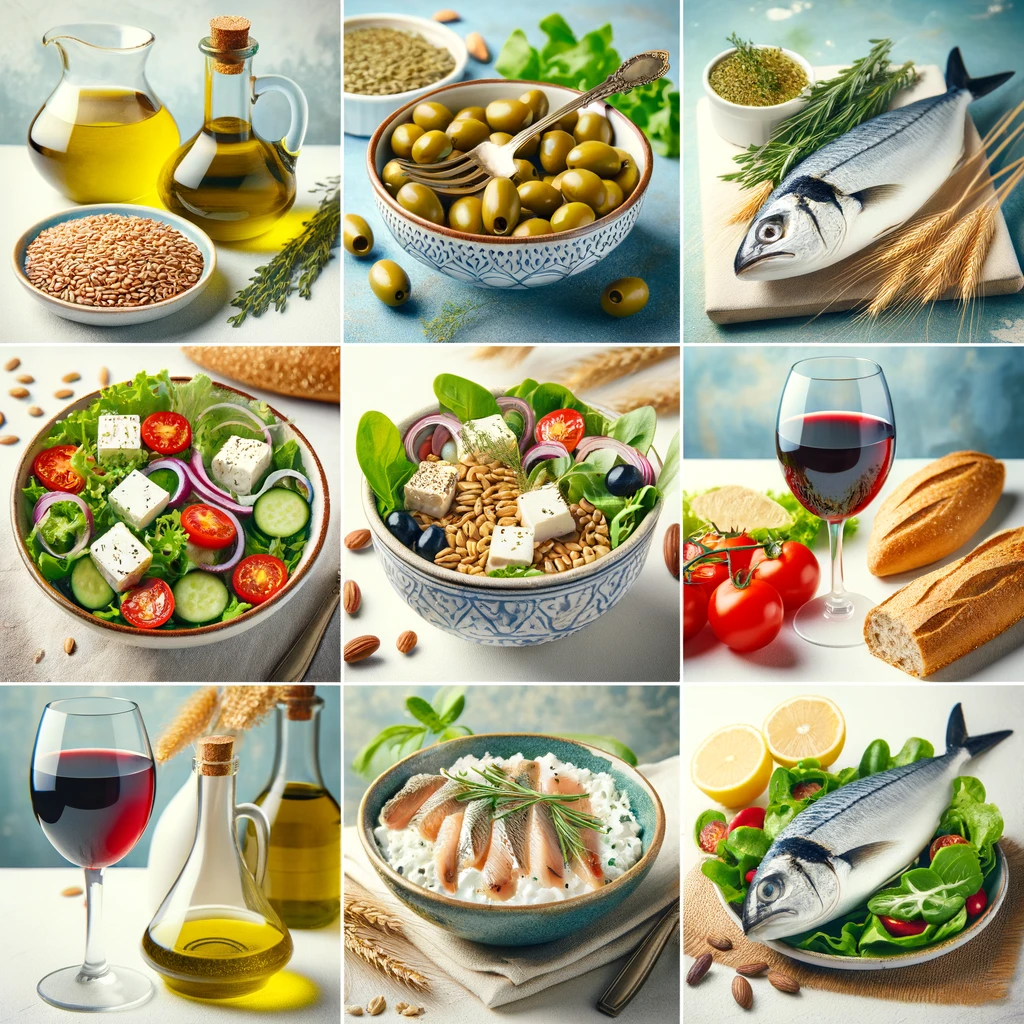 A photo collage showcasing a vibrant spread of Mediterranean dishes. The ensemble of fresh salads, olive oil, whole grains, fish dishes, and a glass of red wine beautifully captures the essence of the diet.