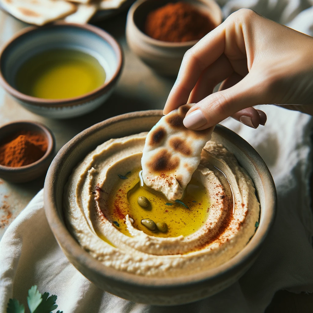 Photo of a close up of a hand dipping a piece of pita bread into a creamy bowl of hummus with olive oil drizzled on top and a sprinkle of paprika