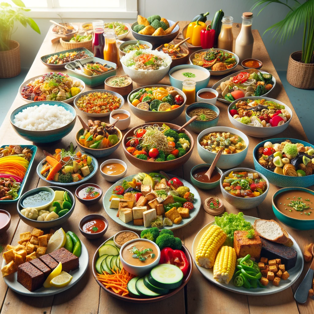 A colorful array of vegan dishes, including salads, tofu, and grains, artistically presented on a wooden table.