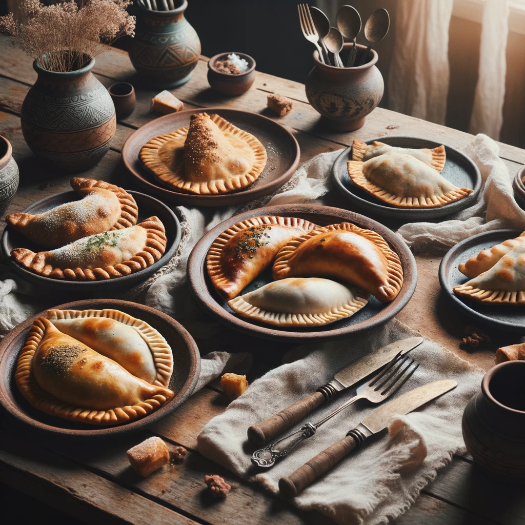Photo of a rustic table setting in natural light, featuring a variety of empanadas with different visible fillings such as beef, chicken, and cheese, surrounded by simple ceramic plates and silverware, with a cozy, inviting atmosphere.